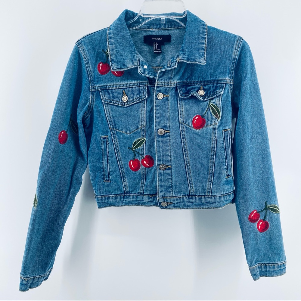 Forever 21 Medium Wash Denim Jacket with Embroidered  Red Cherries Women's S